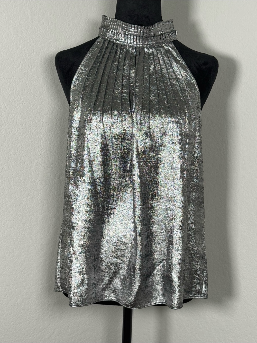 NWT White House Black Market Metallic Silver Gunmetal Halter-Neck Top size 10 - Picture 6 of 10